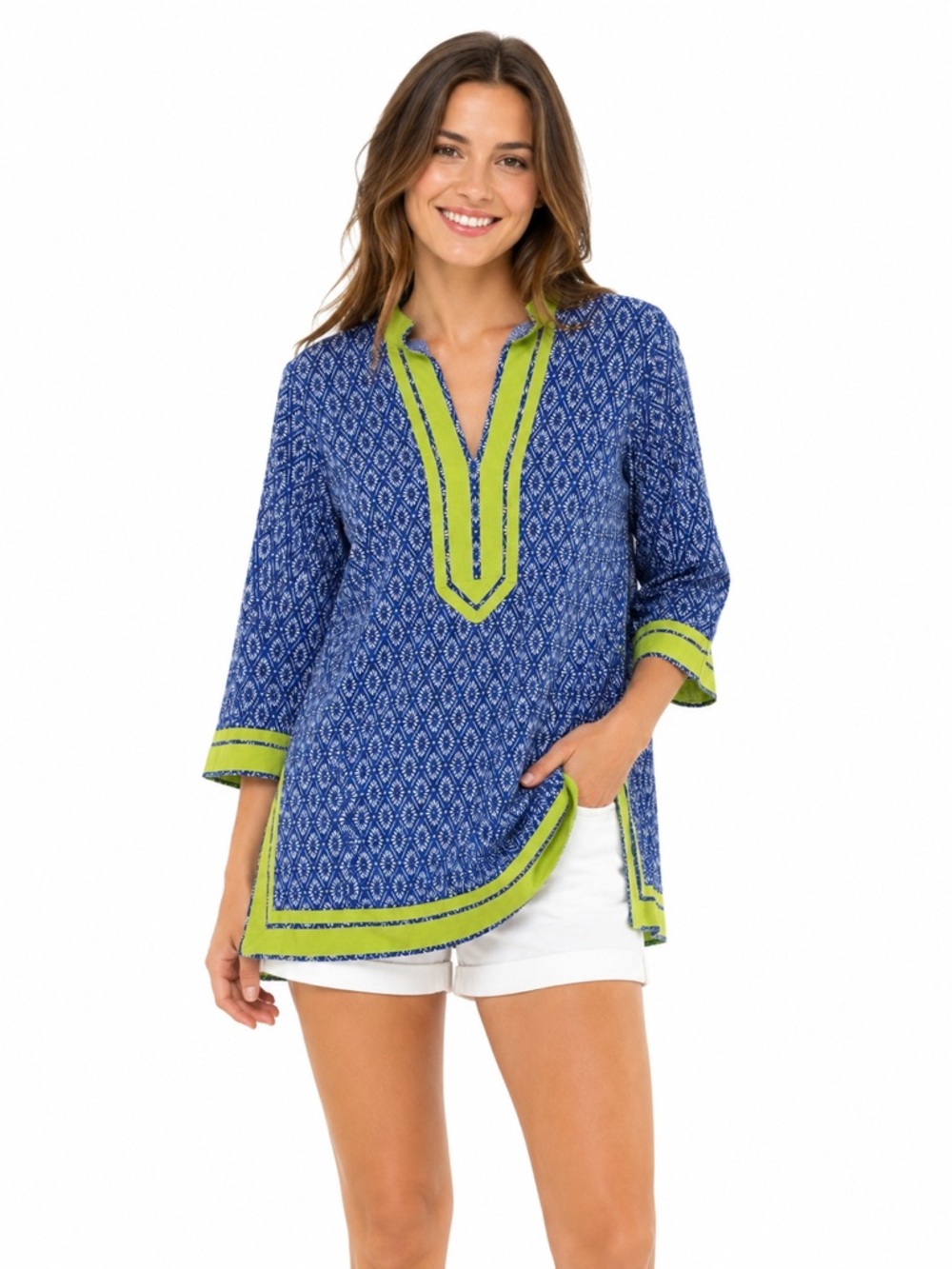 Womens Blue Yellow Cotton V-Neck Split Hem Tunic Size Medium Bohemian Printed